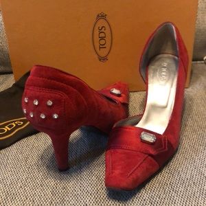 Tod’s Red Crystals Rhinestones Suede Pumps 40